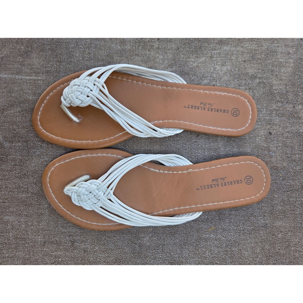 Charles Albert White Braided Knot Thong Sandals Vegan Leather Flat Slides 10